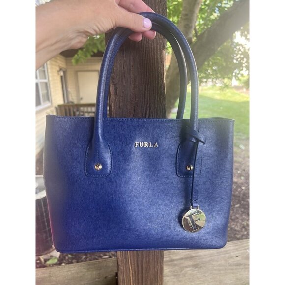 NWOT Furla Nuvola Mini Boston 2-way blue bag logo designer leather charm - Picture 1 of 16